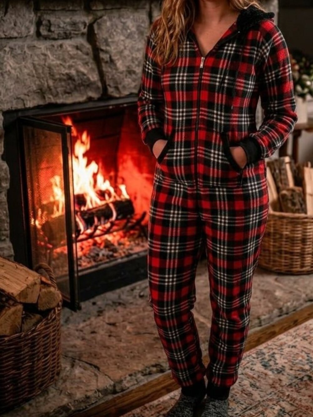 La Vie en Rose Women's Red Black Buffalo Plaid Fleece Hooded Onesie Sleepwear